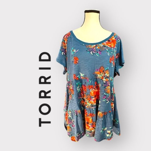 Women’s Torrid 1 Blue Floral Babydoll Slub Scoop Neck Tiered Top 1X 1XL 14 16 - Picture 2 of 15